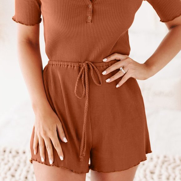 Ribbed Ruffled Button V Neck Drawstring High Waist Romper - Picture 2 of 5